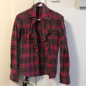 Plaid flannel button down shirt with ruffles